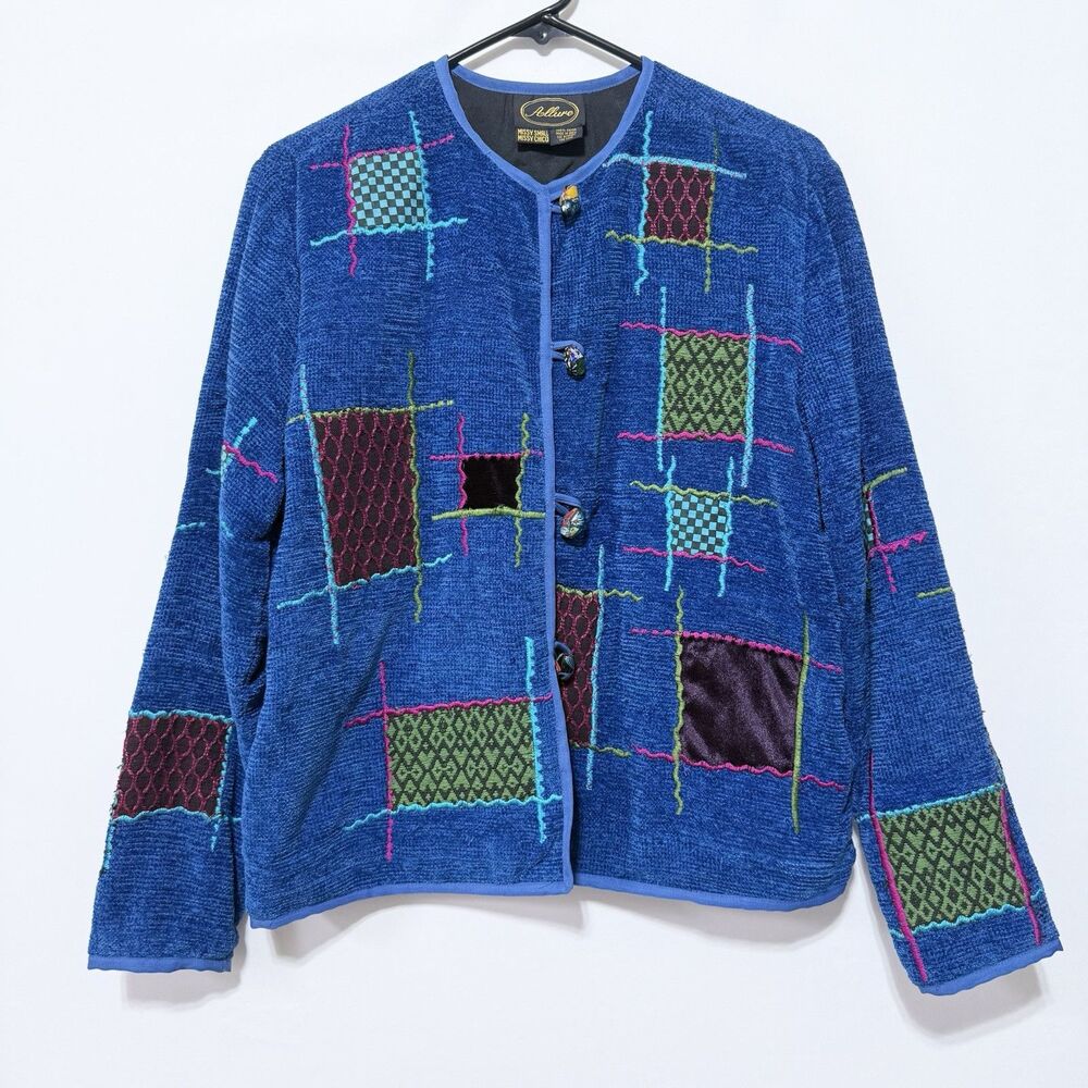 Vintage Allure Blue Embroidered Patchwork Jacket Womens Small Artsy Classic